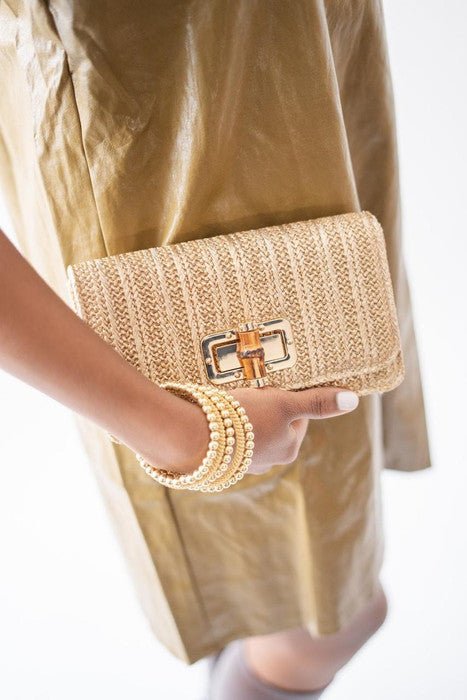 Lilly - Gold Woven Straw Clutch - Bamboo Toggle