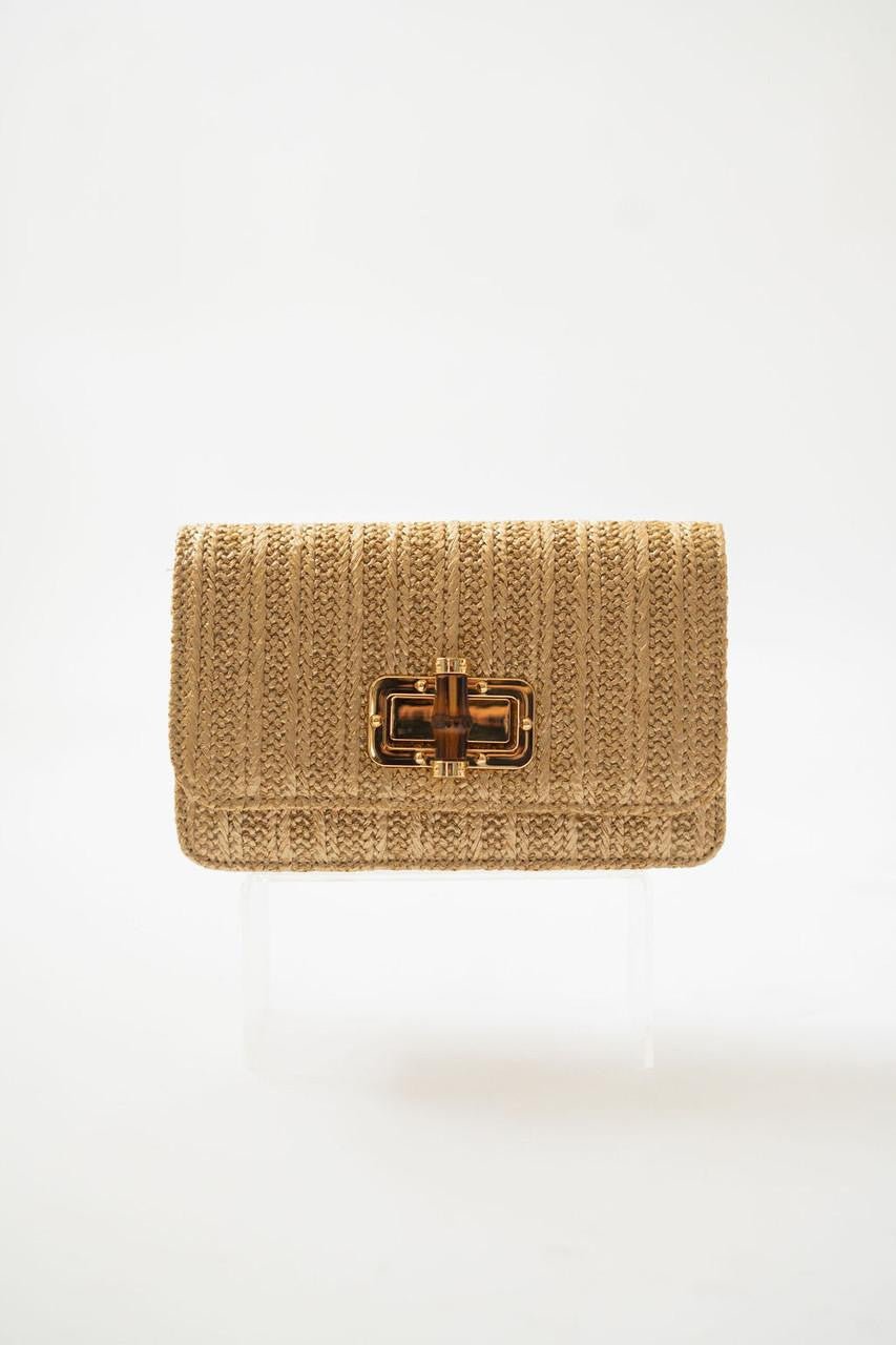Lilly - Gold Woven Straw Clutch - Bamboo Toggle