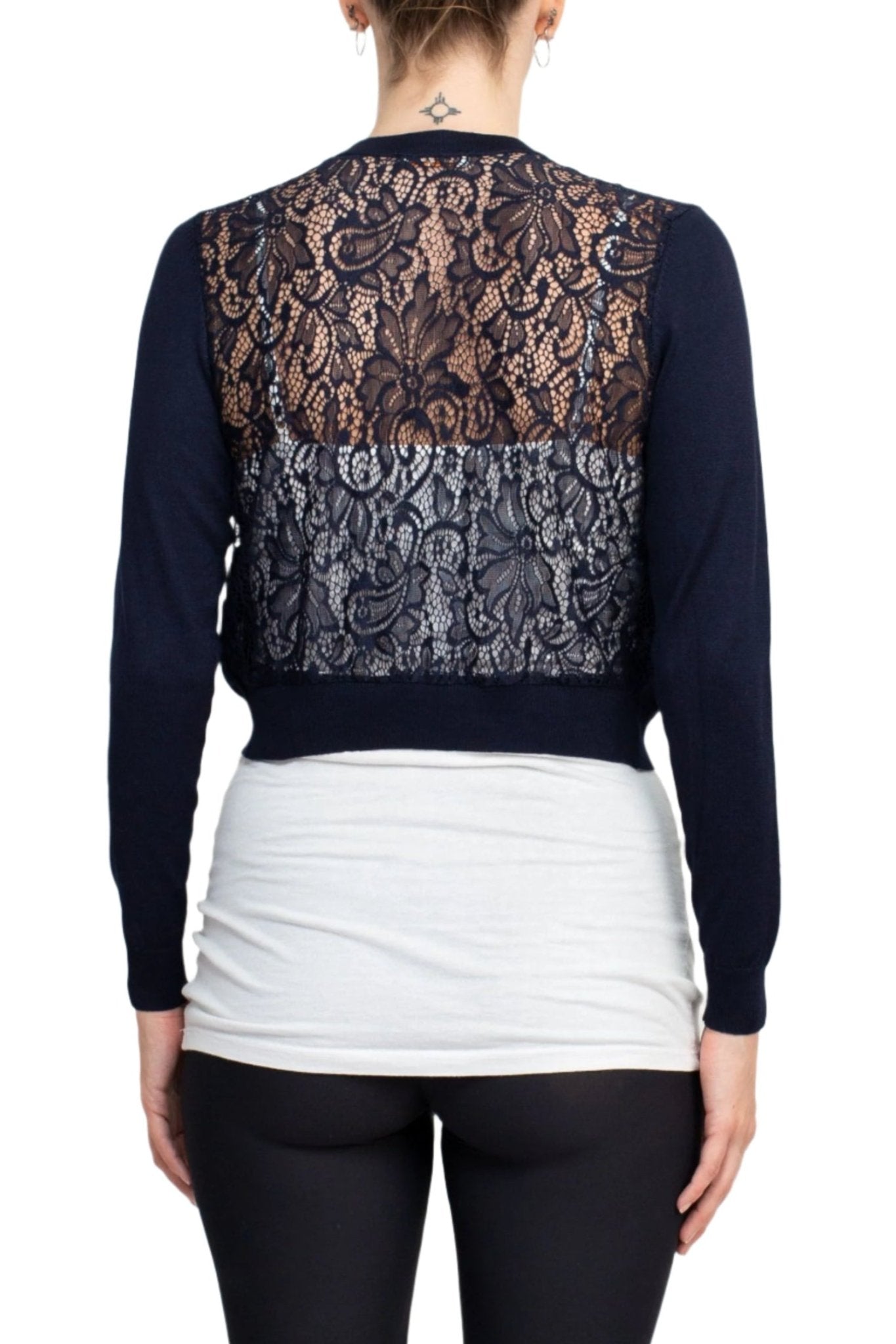 Luxxe Lane Crew Neck Open Front Hook Eye Closure Long Sleeve Lace Back Knit Bolero - Glamourous Grace
