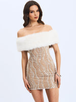 Averie White Fur Off-Shoulder Beige Sequin Mini Dress Miss Circle