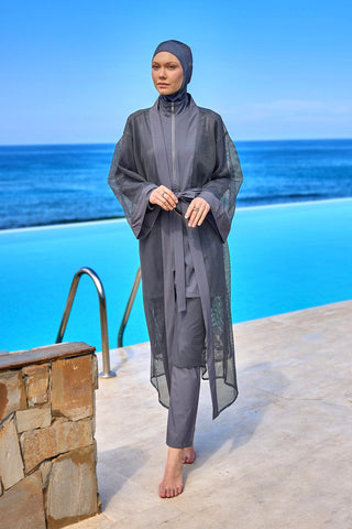 Charcoal Full Length Modest Mesh Kimono – Marina P2501-5 - By Baano