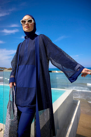 Navy Full Length Modest Mesh Kimono – Lightweight Islamic Swim Cover P2501-2 - By Baano
