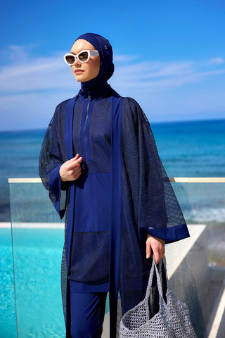 Navy Full Length Modest Mesh Kimono – Lightweight Islamic Swim Cover P2501-2 - By Baano