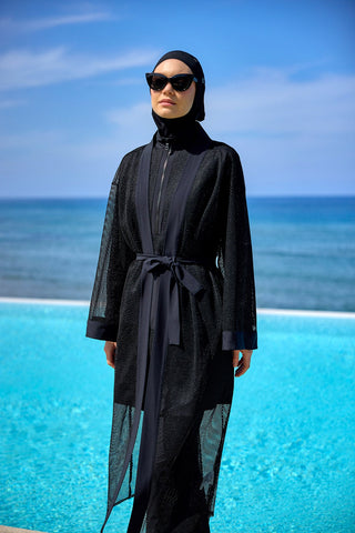 Black Full Coverage Mesh Kimono – Lightweight Islamic Beach Cover-Up P2501-1 - By Baano