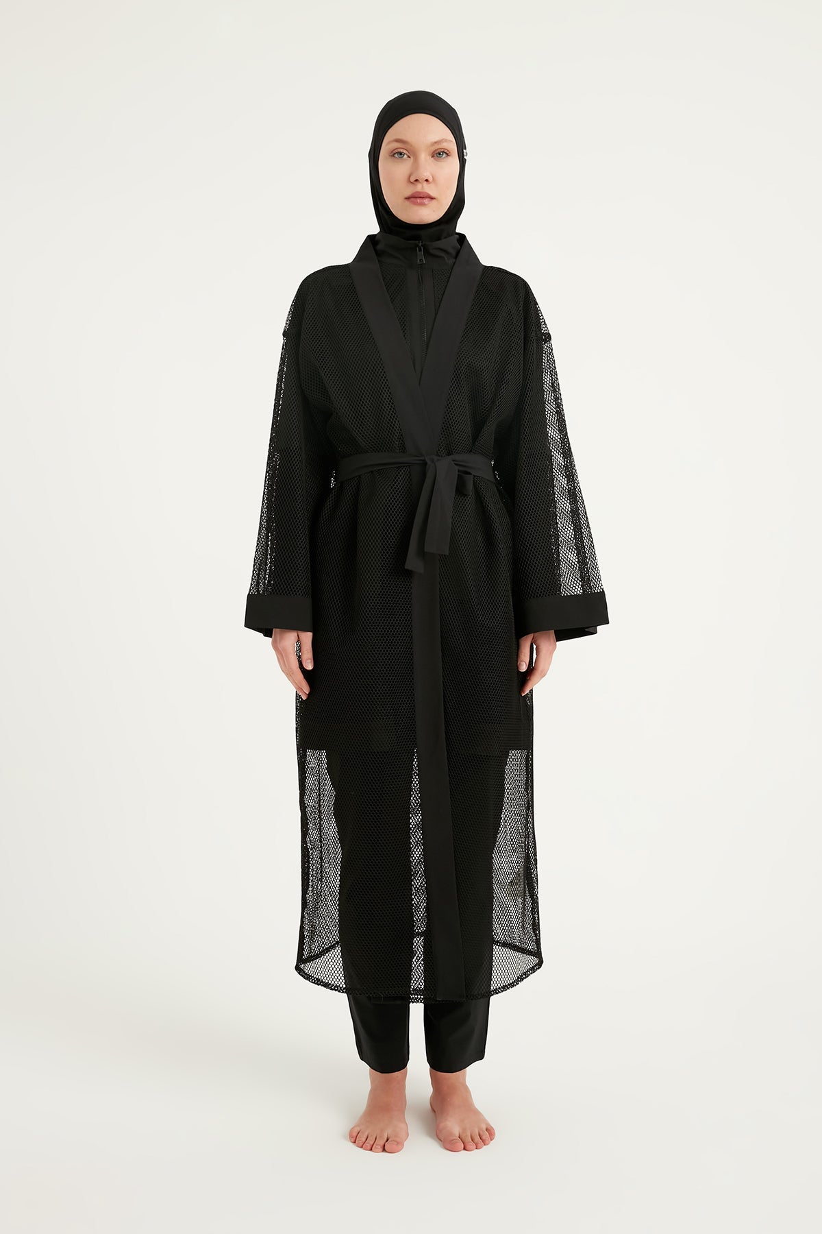 Black Full Coverage Mesh Kimono – Lightweight Islamic Beach Cover-Up P2501-1 - By Baano