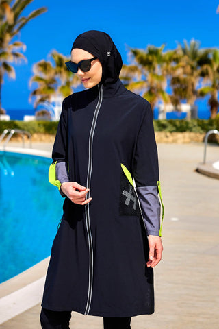 Black Full Coverage Modest Swimwear with Mesh Pocket – M2522 - By Baano