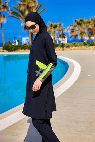 Black Full Coverage Modest Swimwear with Mesh Pocket – M2522 - By Baano