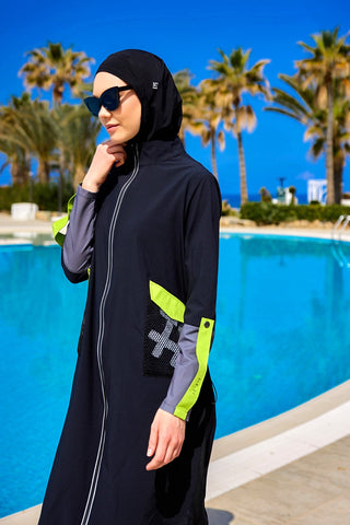 Black Full Coverage Modest Swimwear with Mesh Pocket – M2522 - By Baano