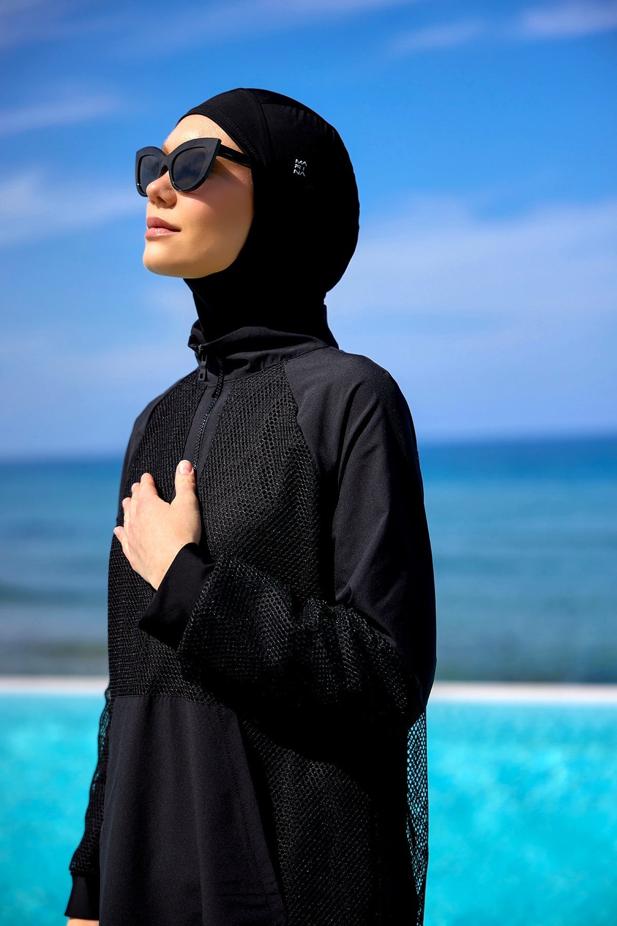 Black Tulle Detail Full Coverage Swimwear Burkini M2534-1 - By Baano