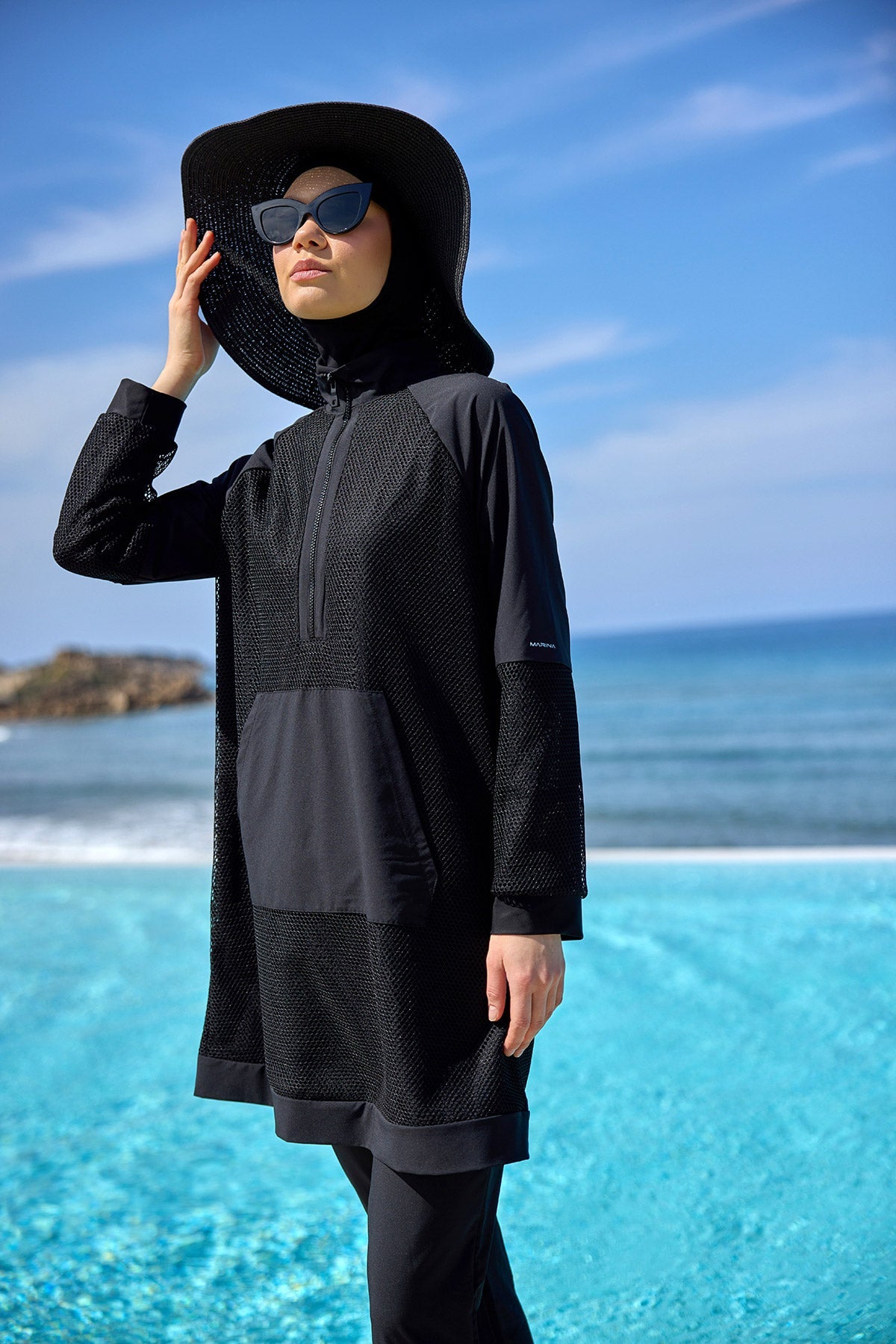 Black Tulle Detail Full Coverage Swimwear Burkini M2534-1 - By Baano