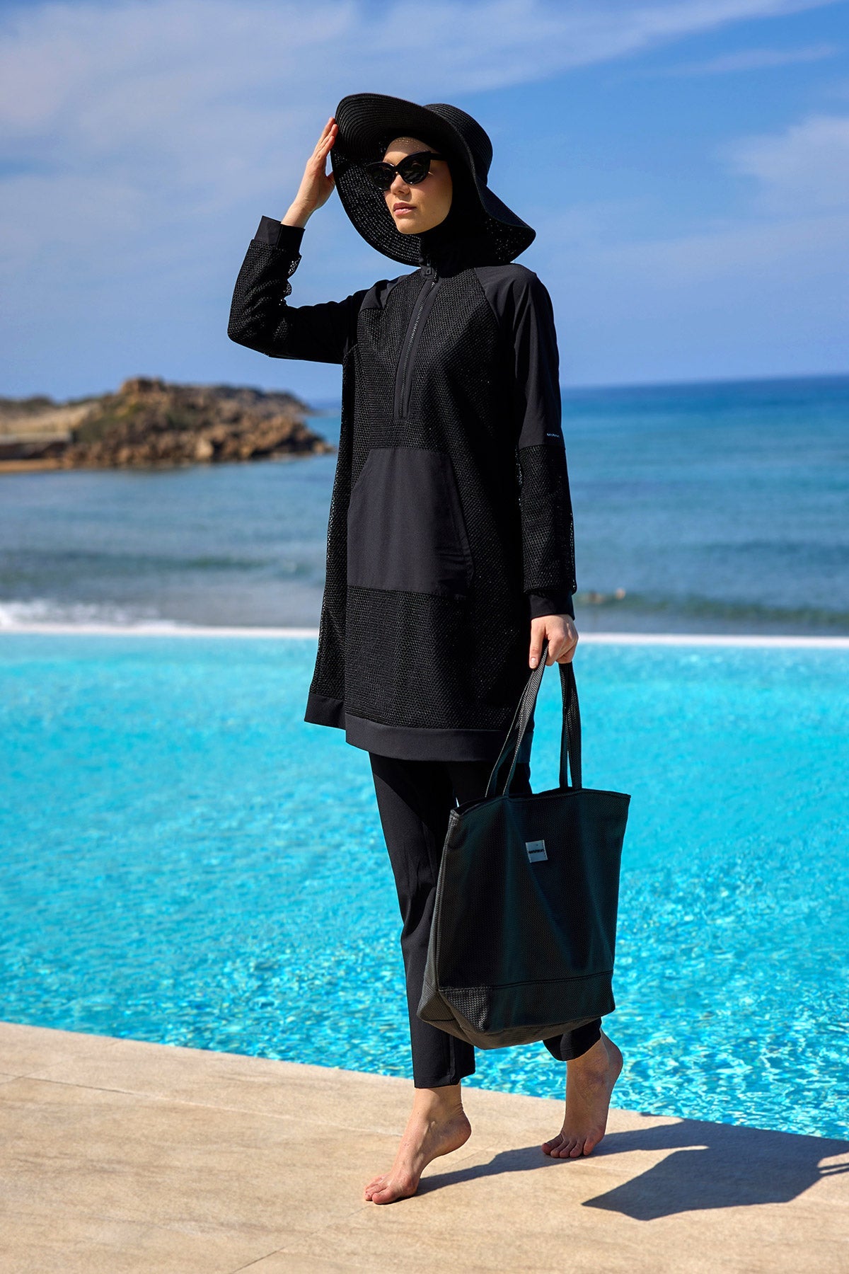 Black Tulle Detail Full Coverage Swimwear Burkini M2534-1 - By Baano