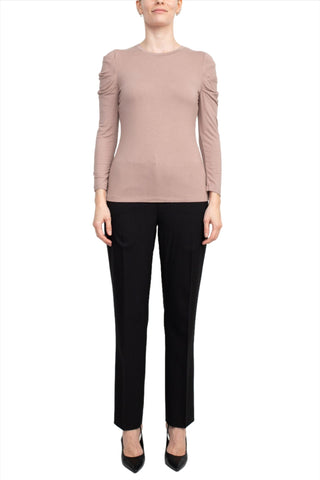 Catherine Malandrino Crew Neck Long Sleeve Ruched Shoulder Solid Knit Top - Glamourous Grace
