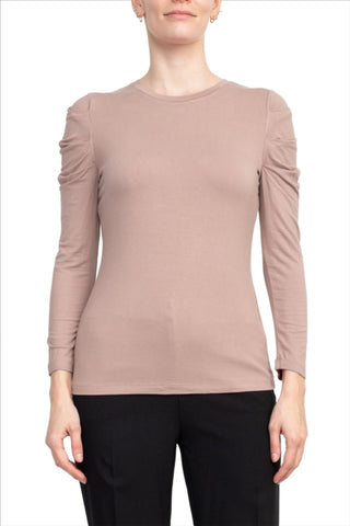 Catherine Malandrino Crew Neck Long Sleeve Ruched Shoulder Solid Knit Top - Glamourous Grace