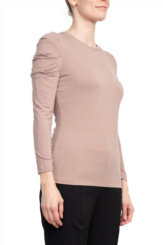Catherine Malandrino Crew Neck Long Sleeve Ruched Shoulder Solid Knit Top - Glamourous Grace