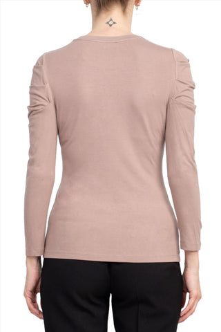 Catherine Malandrino Crew Neck Long Sleeve Ruched Shoulder Solid Knit Top - Glamourous Grace