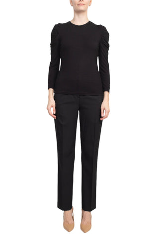 Catherine Malandrino Crew Neck Long Sleeve Ruched Shoulder Solid Knit Top - Glamourous Grace
