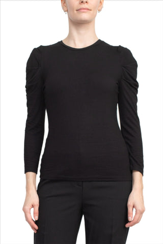Catherine Malandrino Crew Neck Long Sleeve Ruched Shoulder Solid Knit Top - Glamourous Grace
