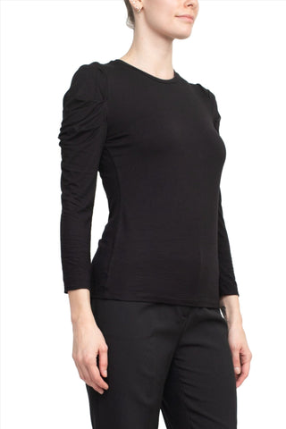 Catherine Malandrino Crew Neck Long Sleeve Ruched Shoulder Solid Knit Top - Glamourous Grace