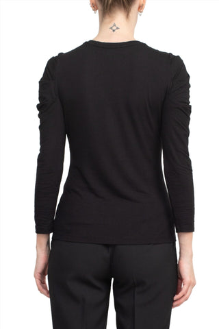 Catherine Malandrino Crew Neck Long Sleeve Ruched Shoulder Solid Knit Top - Glamourous Grace
