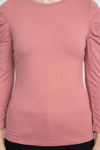 Catherine Malandrino Crew Neck Long Sleeve Ruched Shoulder Solid Knit Top - Glamourous Grace