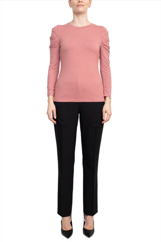 Catherine Malandrino Crew Neck Long Sleeve Ruched Shoulder Solid Knit Top - Glamourous Grace