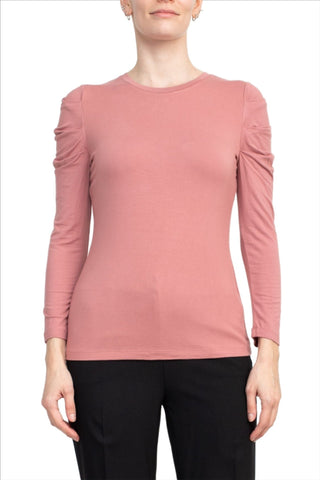 Catherine Malandrino Crew Neck Long Sleeve Ruched Shoulder Solid Knit Top - Glamourous Grace
