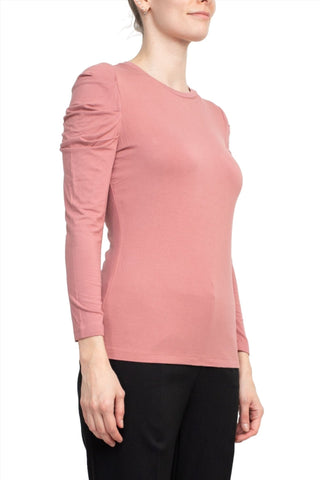 Catherine Malandrino Crew Neck Long Sleeve Ruched Shoulder Solid Knit Top - Glamourous Grace
