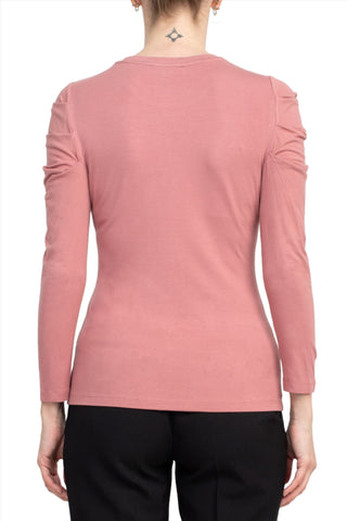 Catherine Malandrino Crew Neck Long Sleeve Ruched Shoulder Solid Knit Top - Glamourous Grace