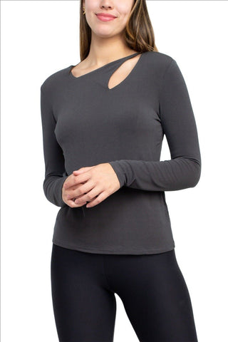 Catherine Malandrino Asymmetrical Cutout Neck Long Sleeve Solid Crepe Top - Glamourous Grace