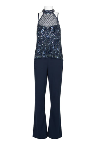 Aidan Mattox Halter Neck Illusion Embellished Popover Keyhole Back Mesh Stretch Crepe Jumpsuit - By Baano
