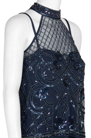 Aidan Mattox Halter Neck Illusion Embellished Popover Keyhole Back Mesh Stretch Crepe Jumpsuit - By Baano