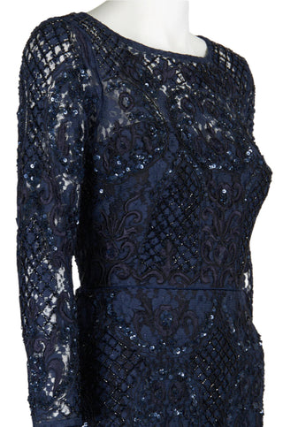 Aidan Mattox Scoop Neck Long Sleeve Keyhole Back Embellished Floral Lace Dress - By Baano