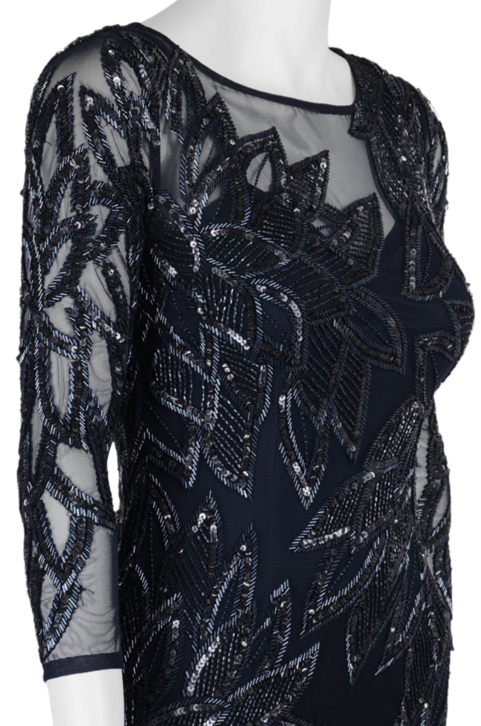 Aidan Mattox Scoop Neck 3/4 Sleeve Keyhole Back Embellished Mesh Dress - Glamourous Grace