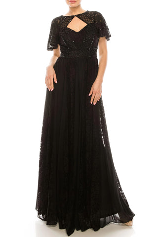 Aidan Mattox Crew Neck Short Sleeve Keyhole Front Floral Lace Embellished Bodice Ruched Zipper Back Chiffon Dress - By Baano