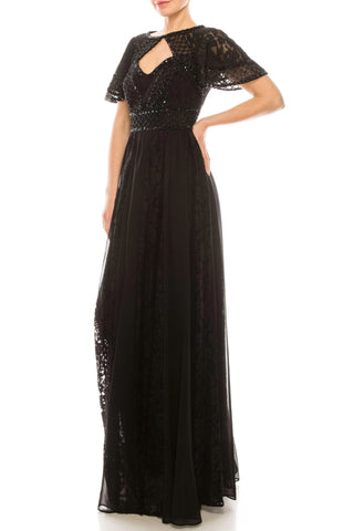 Aidan Mattox Crew Neck Short Sleeve Keyhole Front Floral Lace Embellished Bodice Ruched Zipper Back Chiffon Dress - By Baano