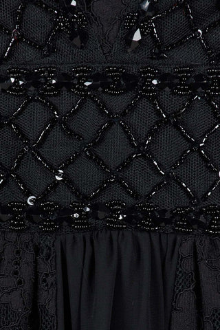 Aidan Mattox Crew Neck Short Sleeve Keyhole Front Floral Lace Embellished Bodice Ruched Zipper Back Chiffon Dress - By Baano