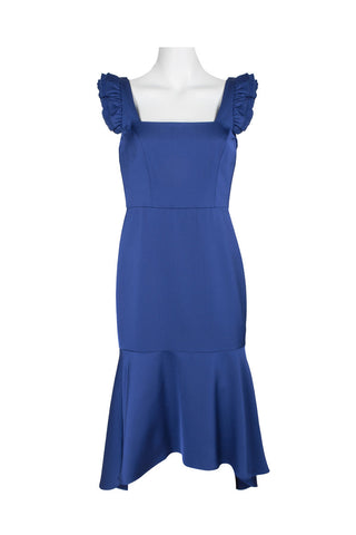 Aidan Mattox Square Neck Ruffled Shoulder Sleeveless High Low Hem Zipper Back Crepe Dress - By Baano