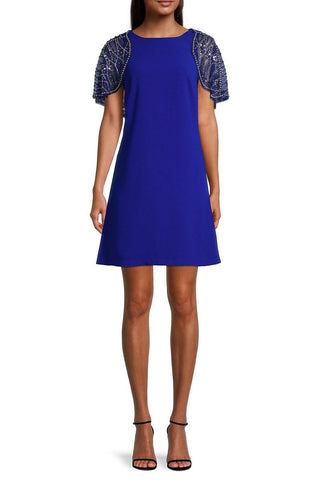 Aidan Mattox Boat Neck Embellished Mesh Cape Keyhole Back Button Closure Scuba Dress - By Baano
