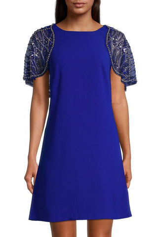Aidan Mattox Boat Neck Embellished Mesh Cape Keyhole Back Button Closure Scuba Dress - By Baano