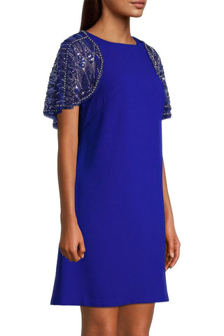 Aidan Mattox Boat Neck Embellished Mesh Cape Keyhole Back Button Closure Scuba Dress - By Baano