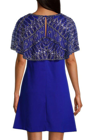 Aidan Mattox Boat Neck Embellished Mesh Cape Keyhole Back Button Closure Scuba Dress - By Baano