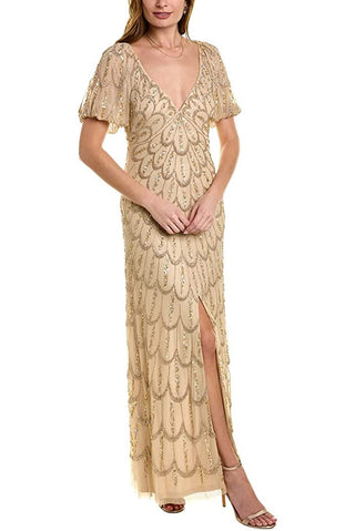 Aidan Mattox V-Neck Short Puff Sleeves Back Zipper Front Slit Long Beaded Gown - By Baano