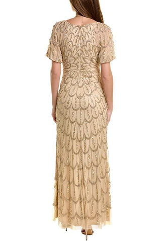 Aidan Mattox V-Neck Short Puff Sleeves Back Zipper Front Slit Long Beaded Gown - By Baano