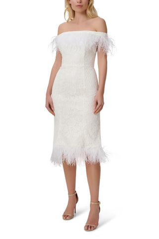 Aidan Mattox Off The Shoulder Short Sleeves Back Zipper Feather Trim On Hem Midi Dress - By Baano