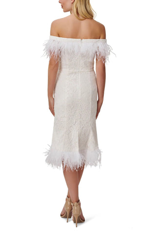 Aidan Mattox Off The Shoulder Short Sleeves Back Zipper Feather Trim On Hem Midi Dress - By Baano