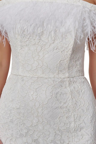 Aidan Mattox Off The Shoulder Short Sleeves Back Zipper Feather Trim On Hem Midi Dress - By Baano