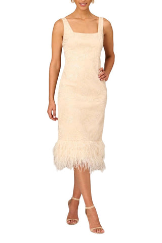 Aidan Mattox Square Neck Sleeveless Zipper Back Slit Back Feather Hem Mesh Dress - By Baano