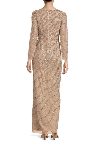 Aidan Mattox Beaded Neck Long Sleeve Illusion Slit Front Embellished Mesh Dress - By Baano