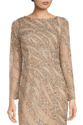 Aidan Mattox Beaded Neck Long Sleeve Illusion Slit Front Embellished Mesh Dress - By Baano