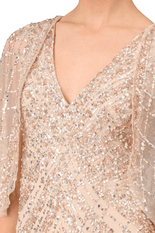 Aidan Mattox V - Neck Cape Sleeve Sheath Zipper Back Slit Front Embellished Mesh Dress - Glamourous Grace